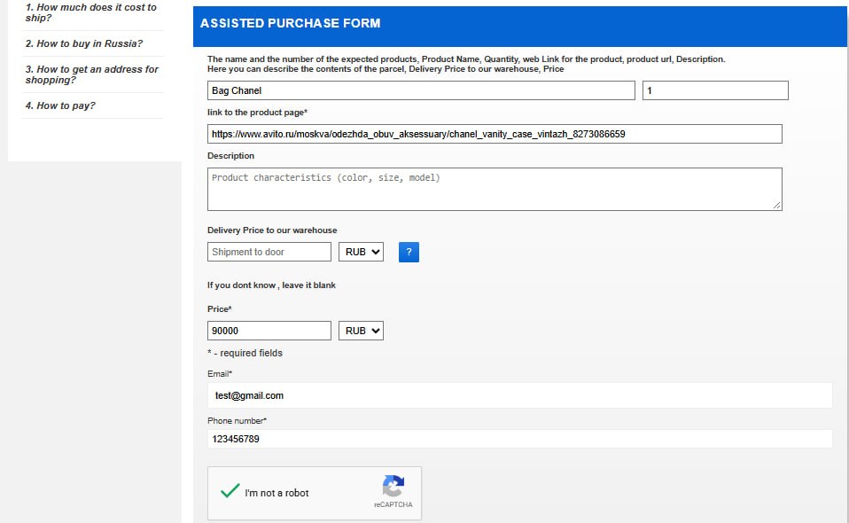 Example of filling out an order form for one item